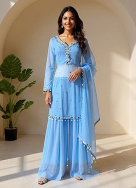 Sky Blue Faux Georgette Sequins Mirror Work Palazzo Suit