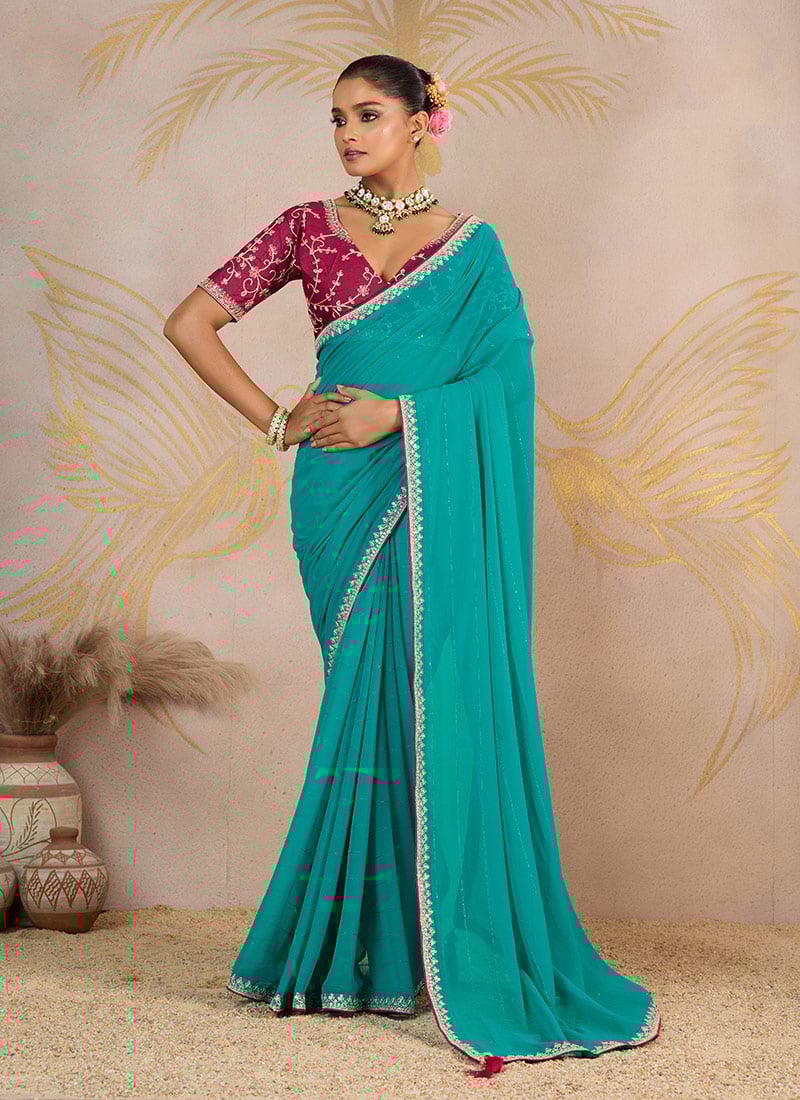 Sky Blue Faux Georgette Zari And Embroidered Sequins Saree Festive Wear