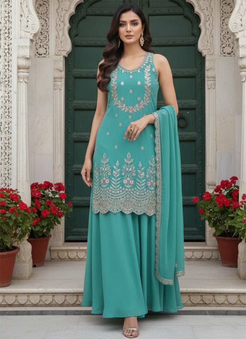 Sky Blue Faux Georgette Zari Resham Stones Elegant Palazzo Suit Festive Wear