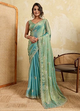 Sky Blue Fendy Chiffon Embroidered Saree