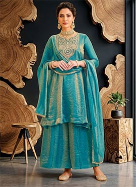 Sky Blue Fendy Silk Embroidered A Line Palazzo Suit