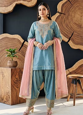 Sky Blue Fendy Silk Embroidered Palazzo Suit