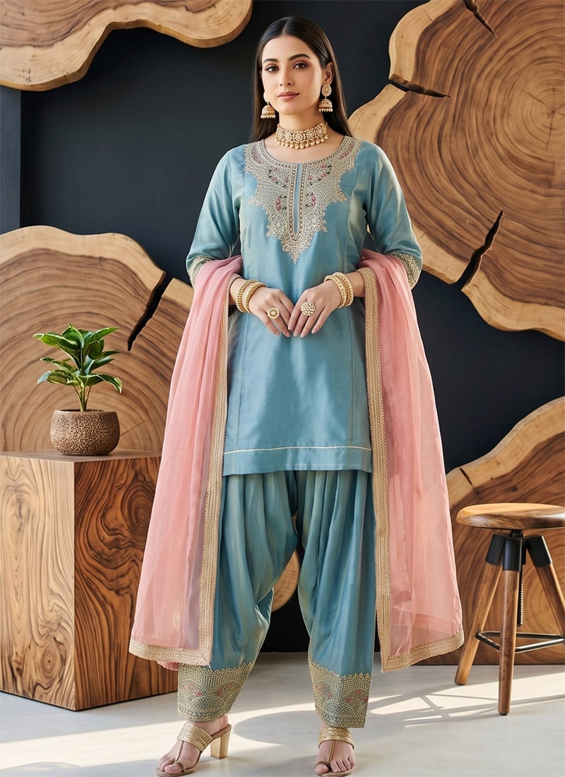 Sky Blue Fendy Silk Embroidered Palazzo Suit Festive Wear