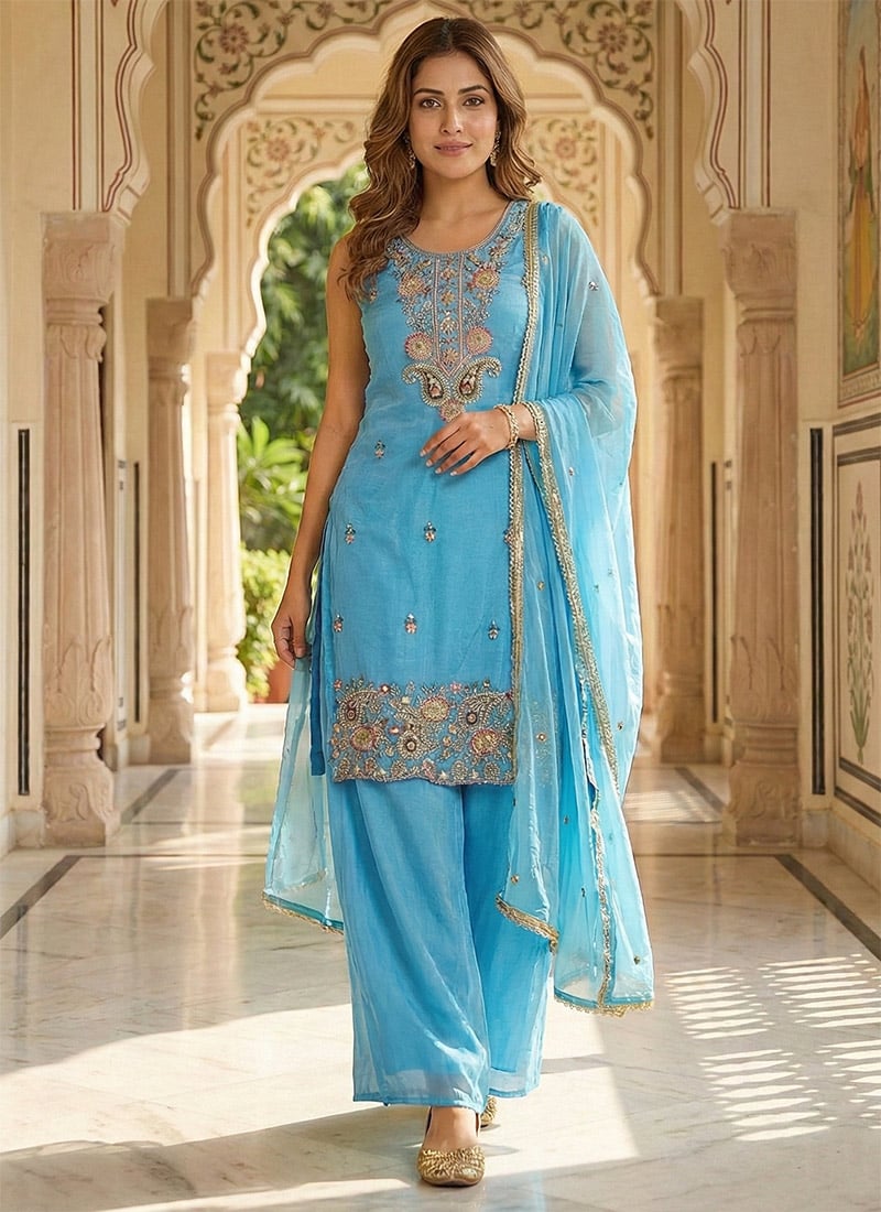 Sky Blue Fendy Silk Embroidered Sequins Palazzo Suit Festive Wear