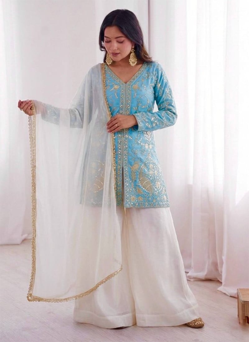 Sky Blue Fendy Silk Embroidered Sequins Palazzo Suit Festive Wear