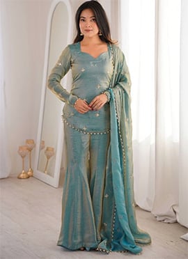 Sky Blue Fendy Silk Embroidered Sequins Sharara Suit