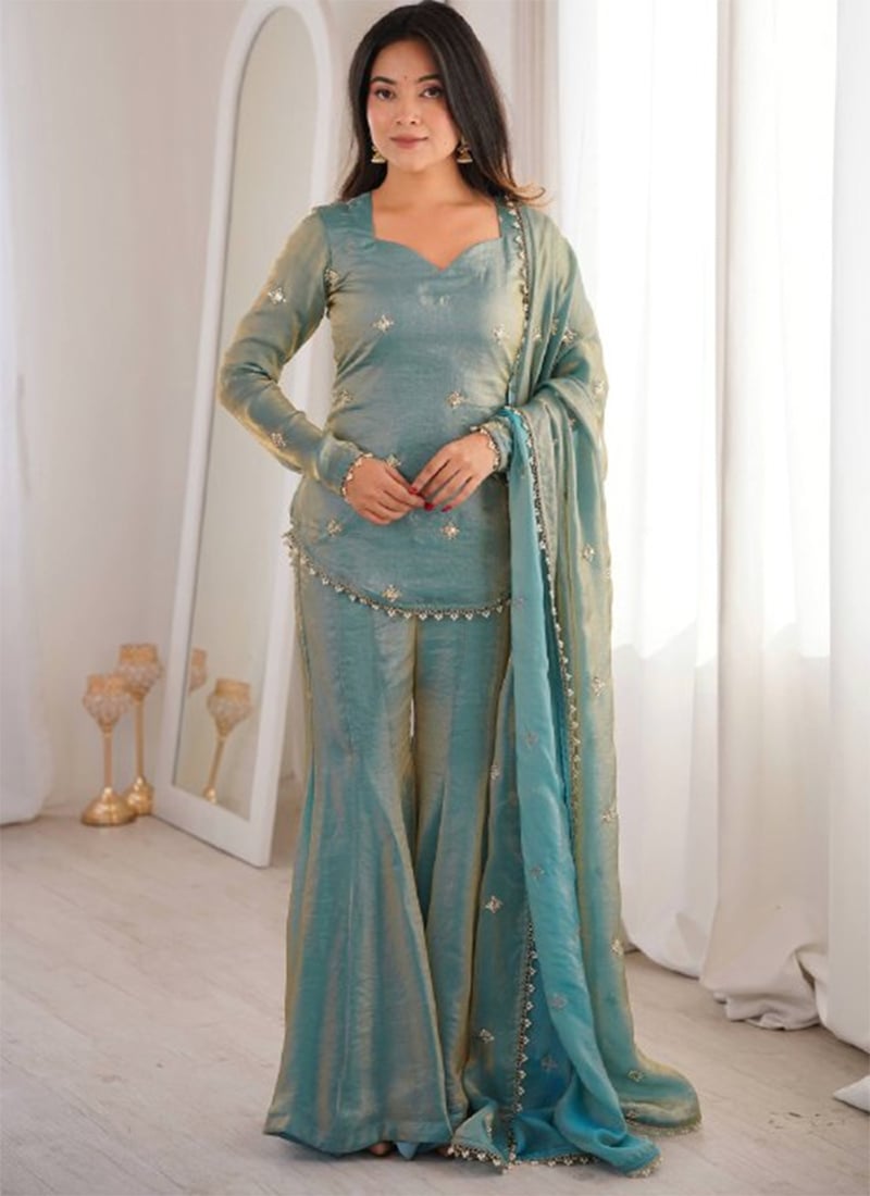 Sky Blue Fendy Silk Embroidered Sequins Sharara Suit Festive Wear