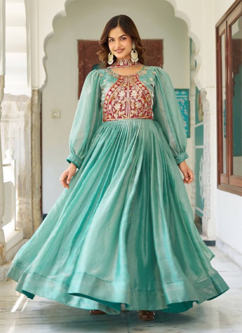 Sky Blue Fendy Silk Sequins Embroidered Anarkali Suit Festive Wear