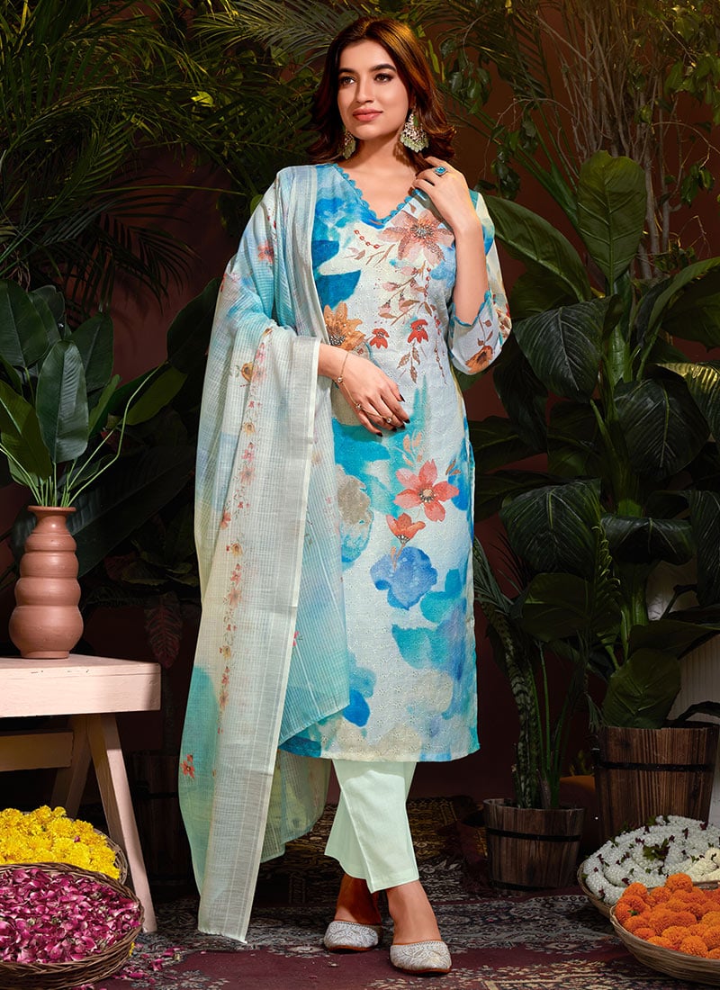 Sky Blue Floral Digital Print Hand Work Schiffli Kurta Straight Pant Suit After Six Wear