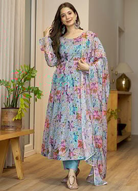 Sky Blue Floral Print Soft Organza Anarkali Suit