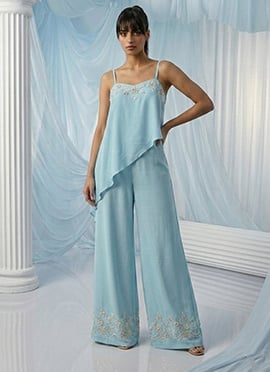 Sky Blue Georgette Beads Zari Hand Embroidered Indowestern Asymmetric Palazzo Set