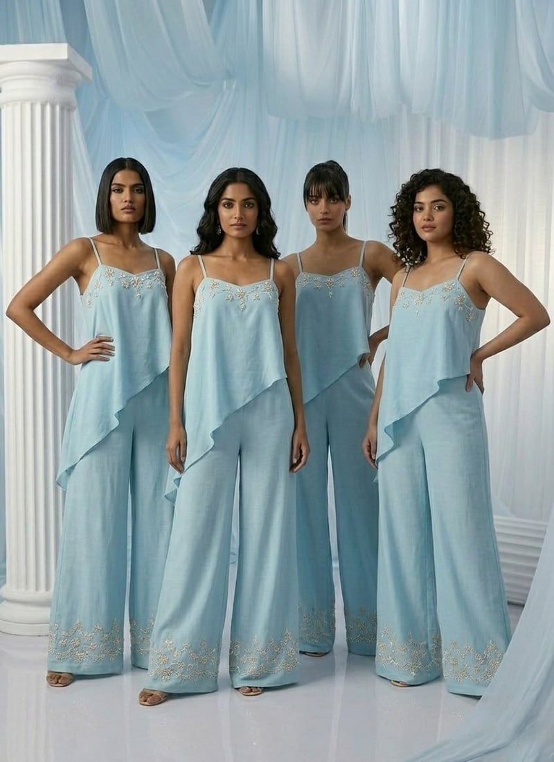 Sky Blue Georgette Beads Zari Hand Embroidered Indowestern Asymmetric Palazzo Set Wedding Wear