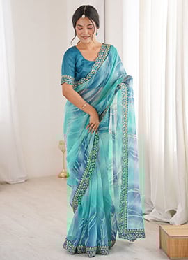 Sky Blue Georgette Chiffon Leheriya Foil Printed Saree