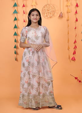 Kids Girls Cream Georgette Digital Print Embroidered Sequins Kids Girls Anarkali Suit