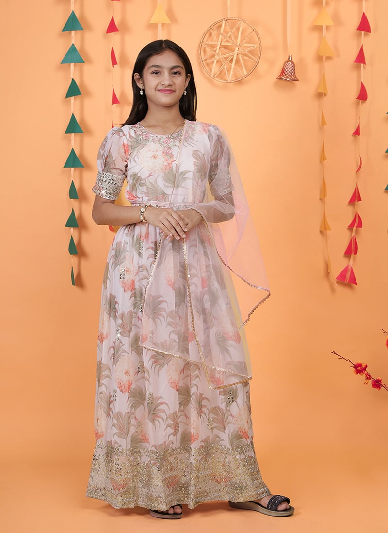 Kids Girls Cream Georgette Digital Print Embroidered Sequins Kids Girls Anarkali Suit Festive Wear