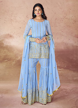 Light Blue Georgette Embroidered And Sharara Pants For Dressy Women