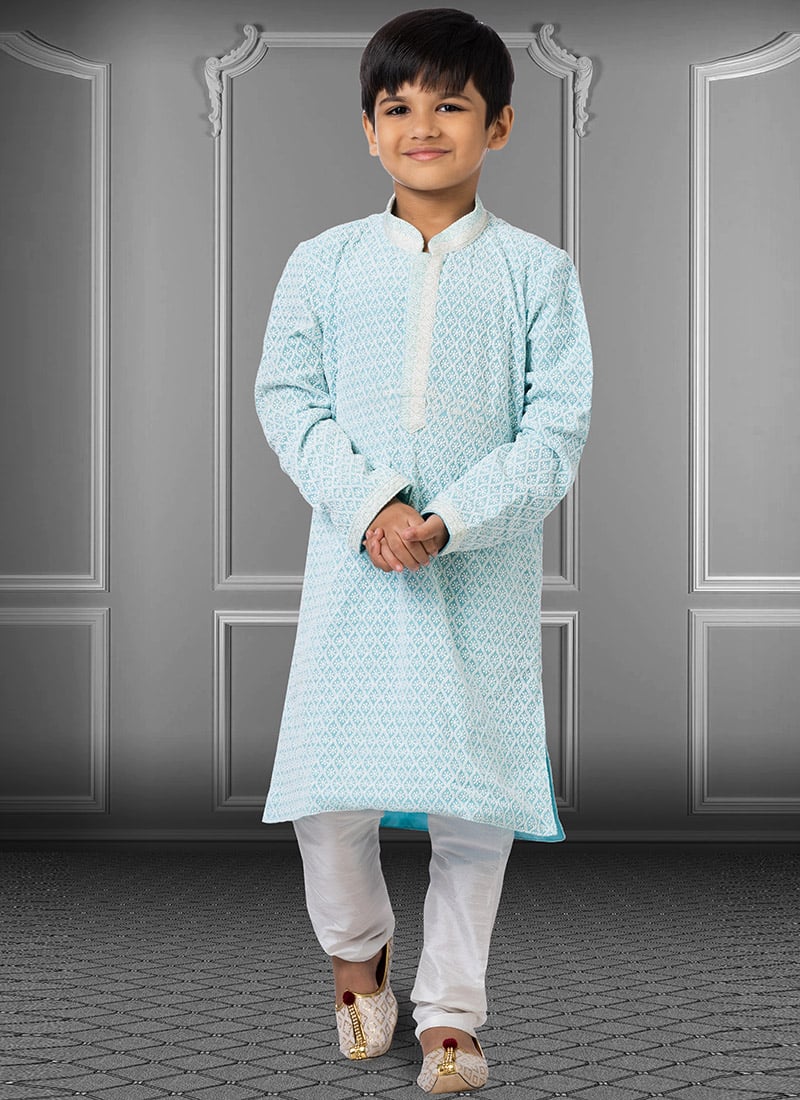 Sky Blue Georgette Embroidered Boys Kurta Pyjama Party Wear