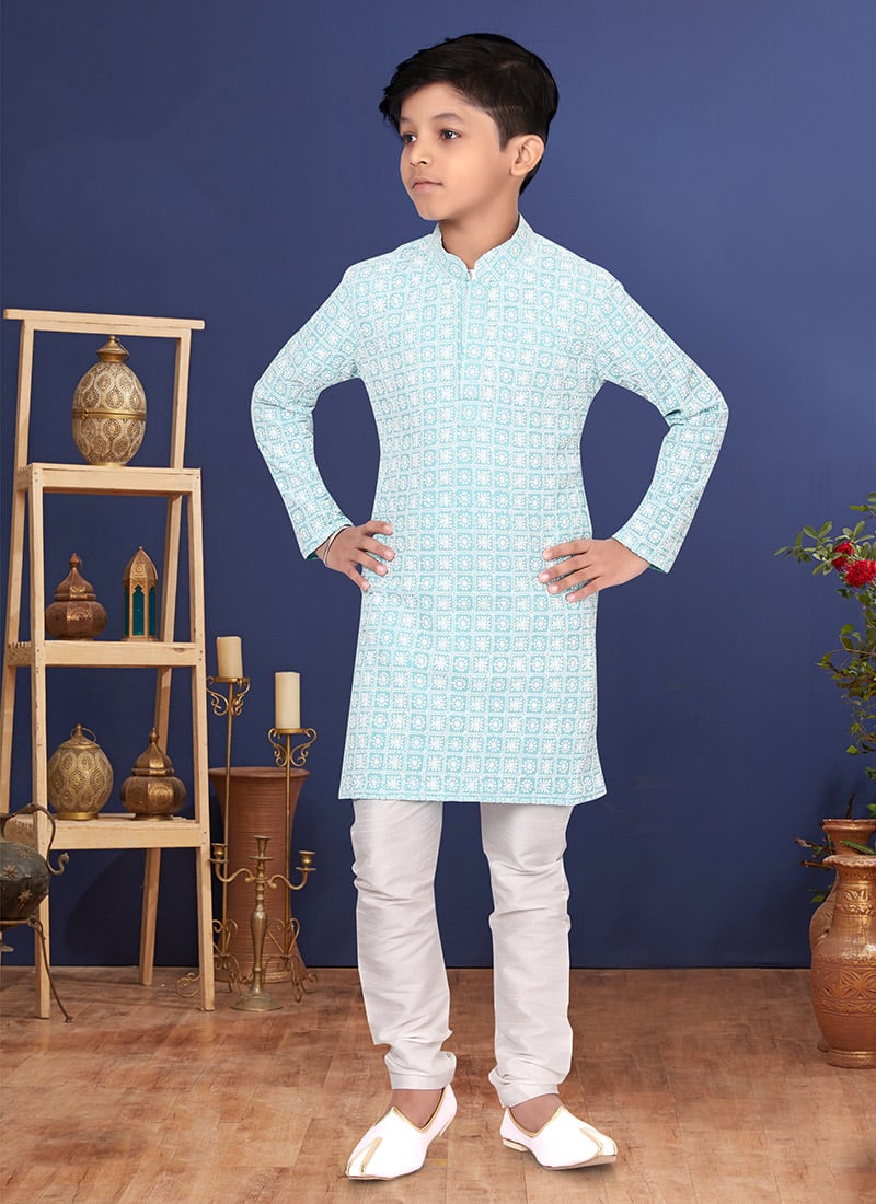 Sky Blue Georgette Embroidered Boys Kurta Pyjama