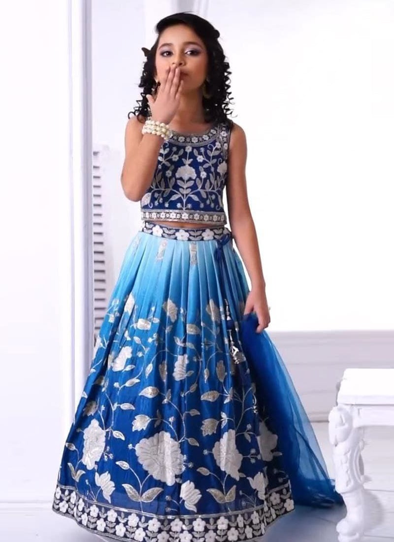 Sky Blue Georgette Embroidered Lehenga For Kids Girls  Festive Wear
