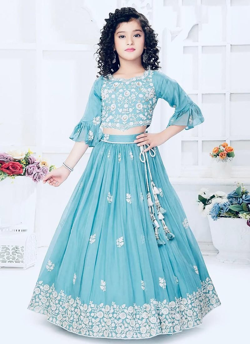 Sky Blue Georgette Embroidered Lehenga For Kids Girls  Festive Wear