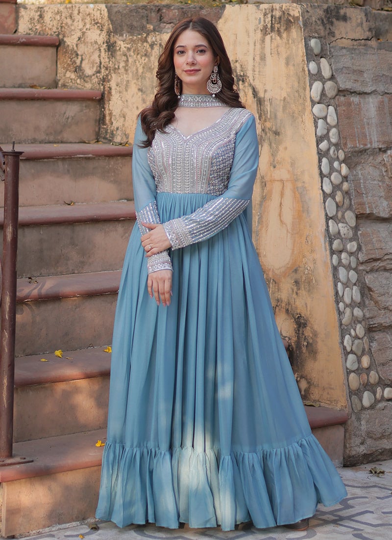 Sky Blue Georgette Embroidered Sequins Anarkali Suit Festive Wear