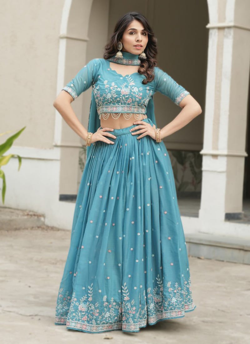 Sky Blue Georgette Embroidered Sequins Lehenga Wedding Wear