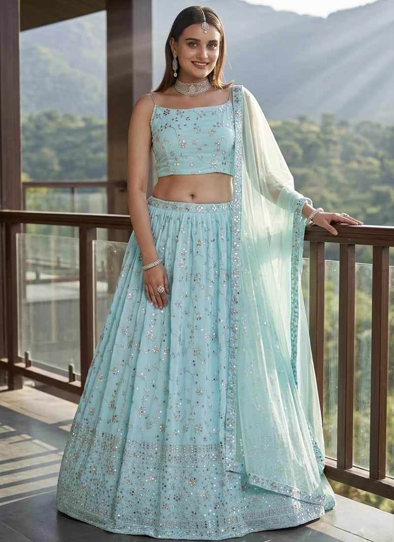 Sky Blue Georgette Embroidered Sequins Lehenga Festive Wear