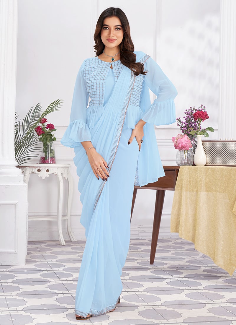 Sky Blue Georgette Embroidered Sequins Stone Pre Draped Saree And Jacket Party Wear