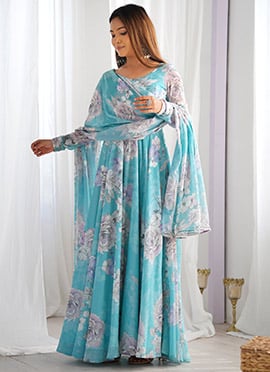 Sky Blue Georgette Floral Printed Anarkali Suit