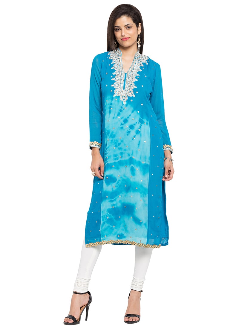 Sky Blue Georgette Knee Length Kurti After Six Wear