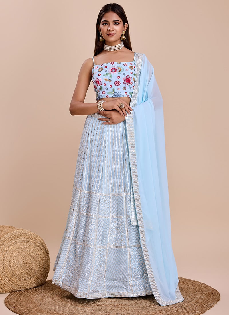 Sky Blue Georgette Lehenga With Choli And Dupatta Embroidered Sequins Party Wear