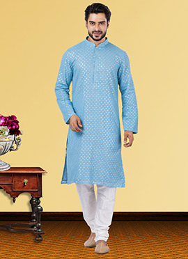 Sky Blue Georgette Tikki work Kurta Pyjama
