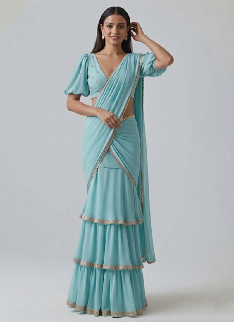 Sky Blue Georgette Zari Embroidered Sequins Lehenga Saree Festive Wear