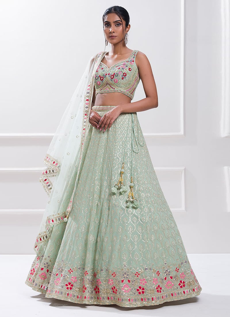 Sky Blue Georgette Zari Embroidered Sequins With Mirror Work Lehenga Wedding Wear