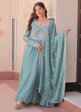 Sky Blue Georgette Zari Sequins Embroidered Anarkali