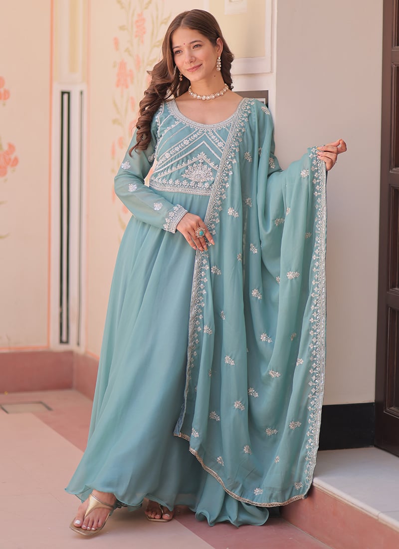 Sky Blue Georgette Zari Sequins Embroidered Anarkali After Six Wear