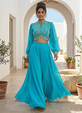 Sky Blue Georgette Zari Sequins Indowestern Palazzo Set