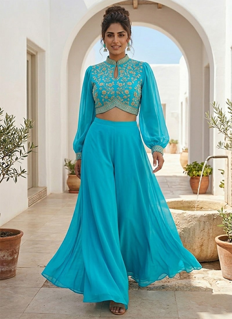 Sky Blue Georgette Zari Sequins Indowestern Palazzo Set After Six Wear