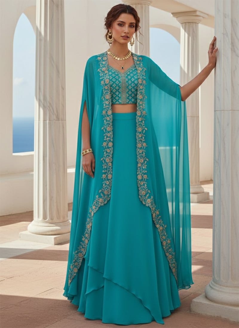 Sky Blue Georgette Zari Sequins Jacket Skirt Set Wedding Wear