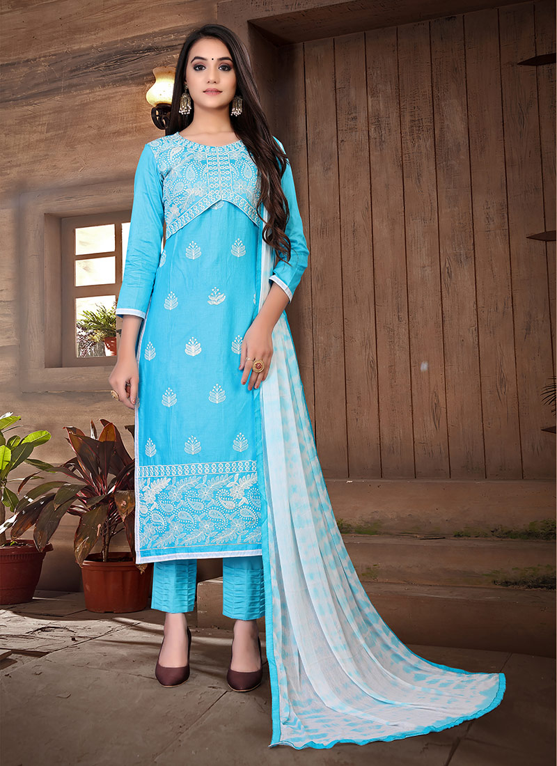 Buy Sky blue Glass Cotton Embroidered 