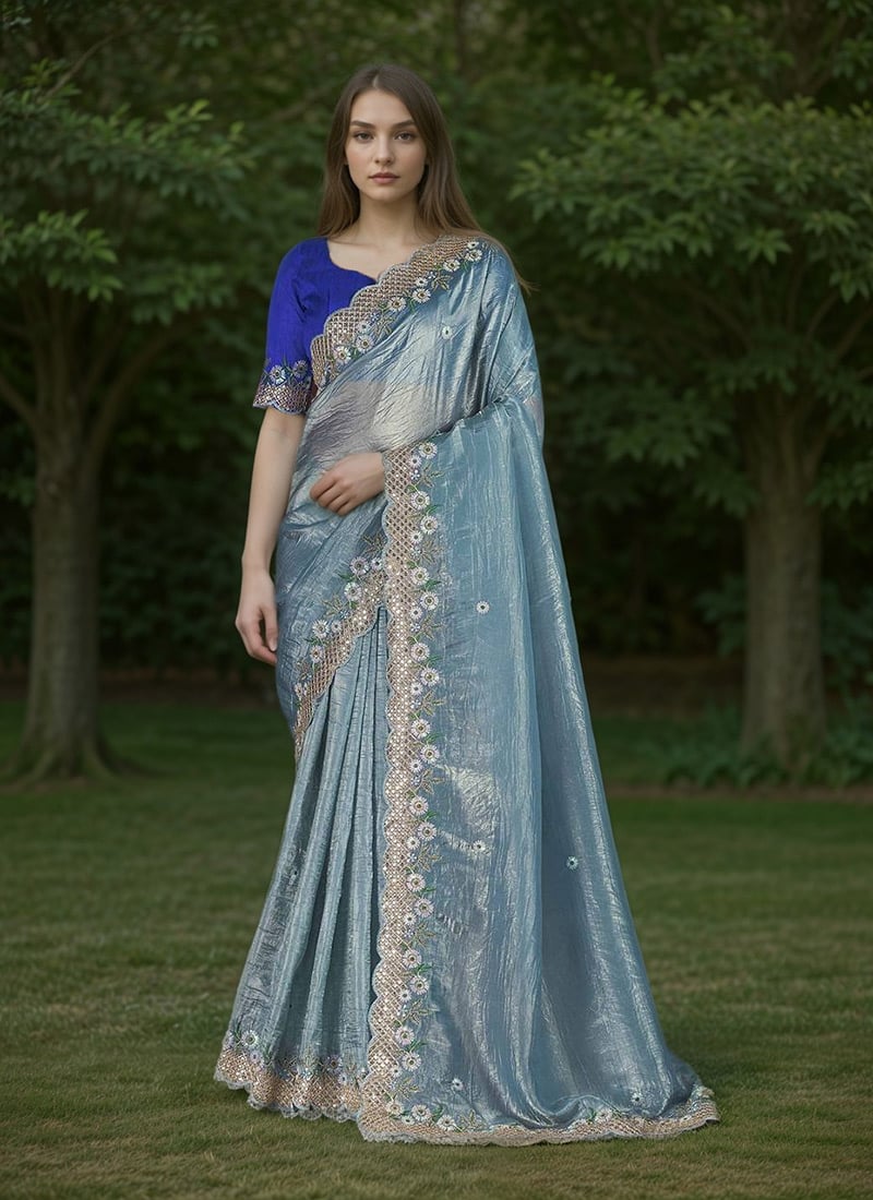 Sky Blue Gold Crunchy Silk Embroidered Sequins Saree Festive Wear