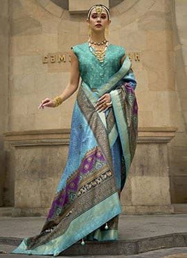 Sky Blue Green Silk Foil Print Saree