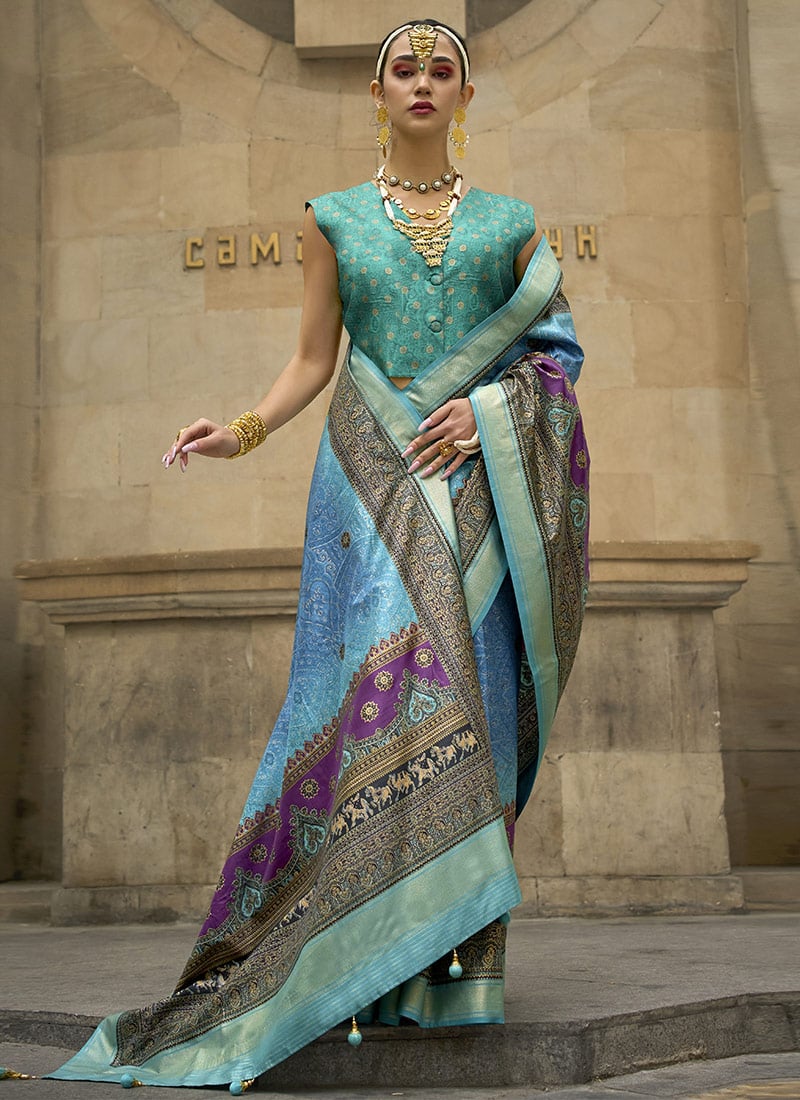 Sky Blue Green Silk Foil Print Saree Festive Wear