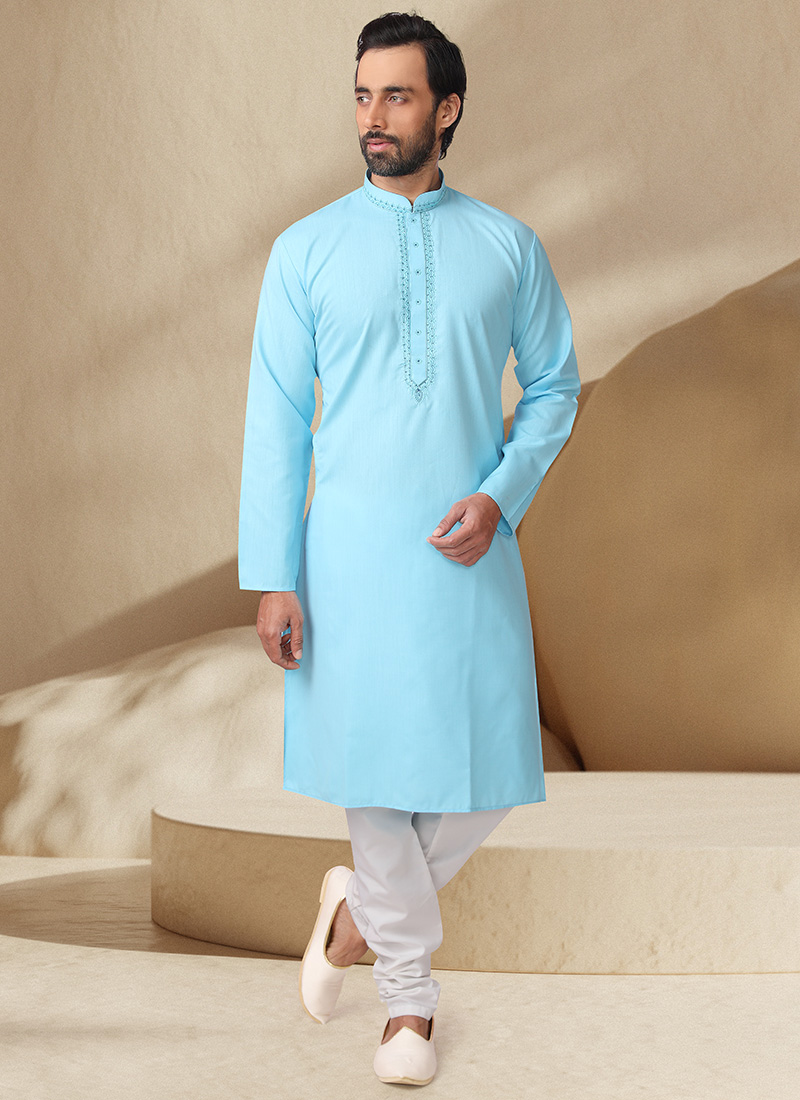 Sky Blue Handloom Cotton Kurta Pyjama