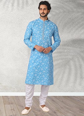 Sky Blue Handloom Cotton Printed Kurta Pyjama