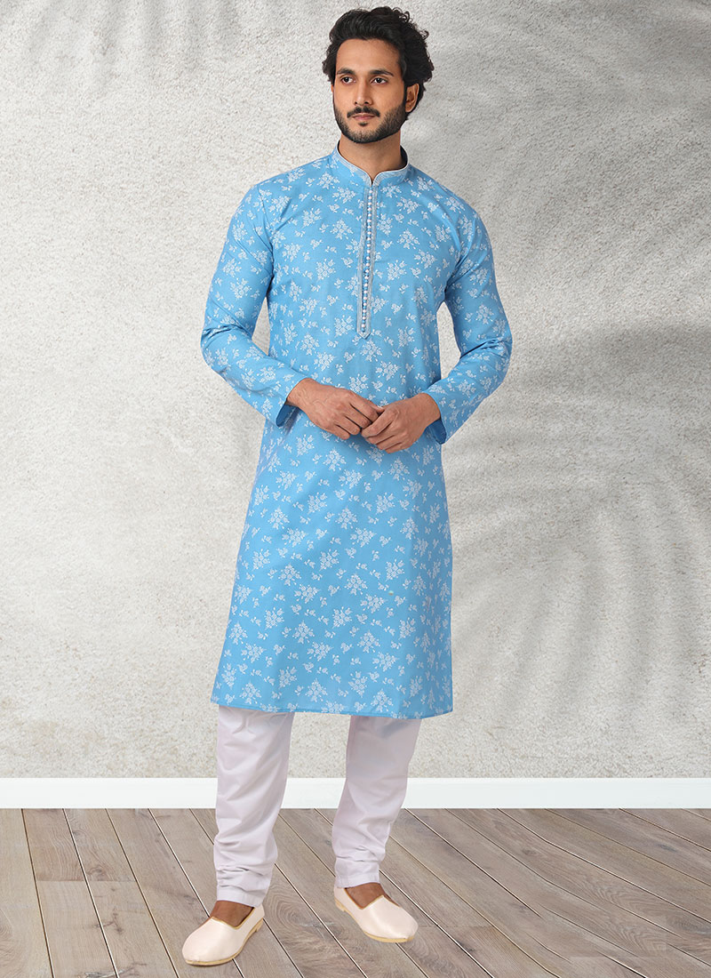 Sky Blue Handloom Cotton Printed Kurta Pyjama Party Wear