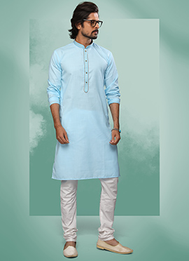 Sky Blue Handloom Cotton Solid Stitch Kurta Pyjama