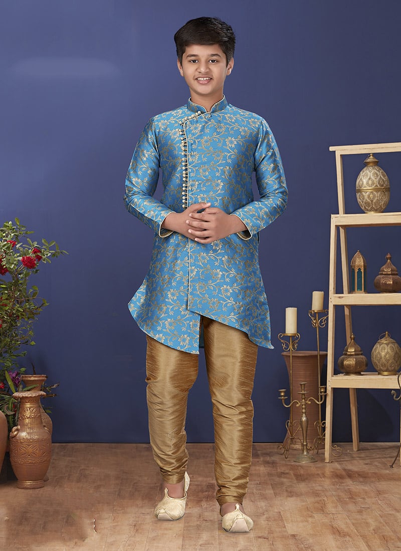 Sky Blue Heavy Silk Boys Indowestern Sherwani