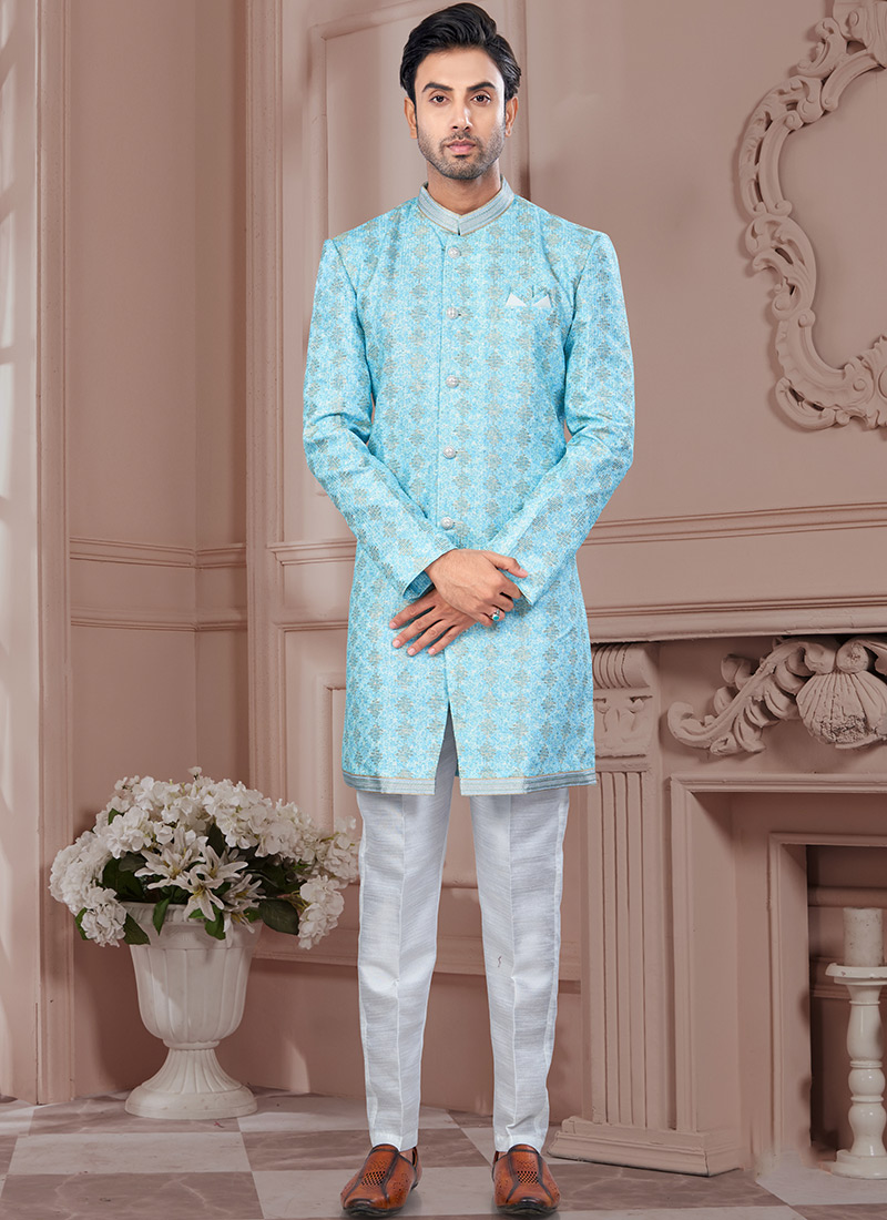 Sky Blue Imported Silk Embroidered Sequins Indowestern Sherwani Festive Wear