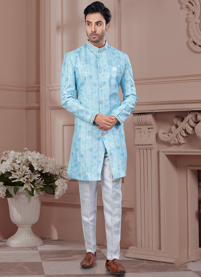Sky Blue Imported Silk Printed Embroidered Sequins Indowestern Sherwani Festive Wear